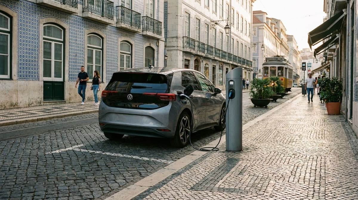 Carro elétrico a carregar num posto público em Portugal