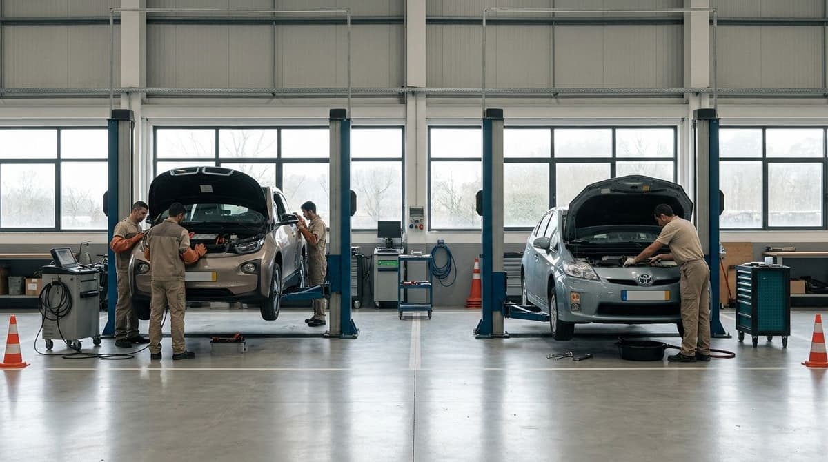 Oficina comparando manutenção de carro elétrico e híbrido em Portugal