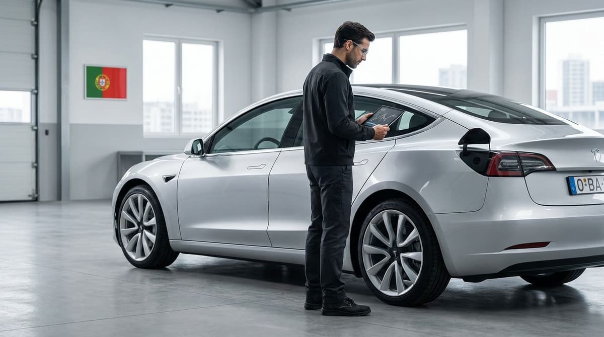 Verificação do estado da bateria num Tesla usado em Portugal